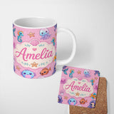 Personalized Custom Name Cute Kawaii Mermaid Seahorse Jellyfish and Starfish Soft Pink Lovely 11oz Ceramic Coffee Tea Mug White Large Handle