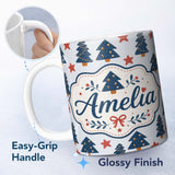 Personalized Custom Name Blue Christmas Trees with Stars and Hanging Ornaments Seamless 11oz Ceramic Coffee Tea Mug White Large Handle