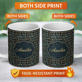 Personalized Custom Name Gold Botanical Folk Art Figures on Dark Background Seamless Pattern 11oz Ceramic Coffee Tea Mug White Large Handle