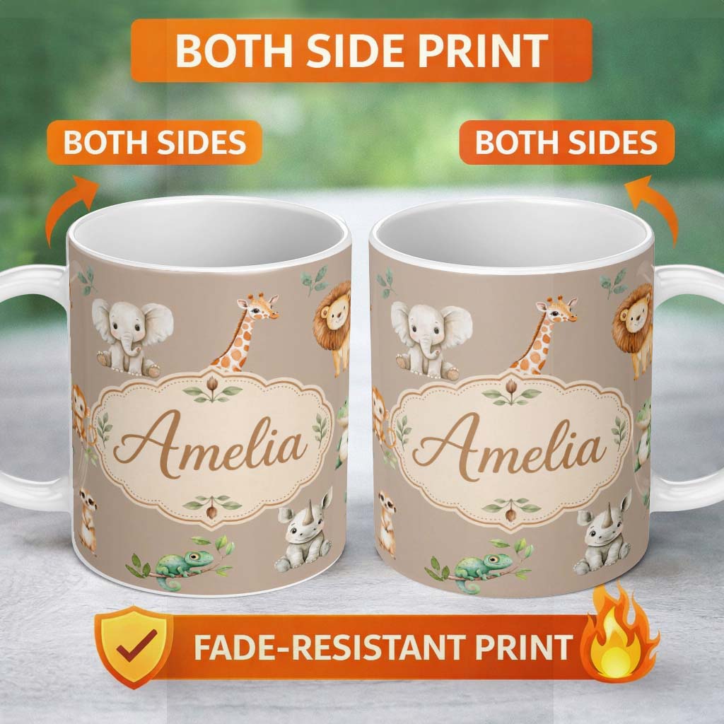 Personalized Custom Name Safari Animals with Elephant Lion and Crocodile on Warm Beige Lovely 11oz Ceramic Coffee Tea Mug White Large Handle