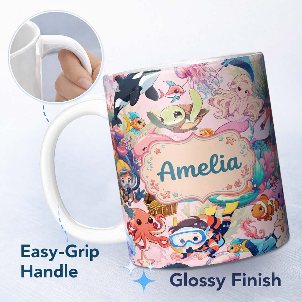 Personalized Custom Name Cute Underwater Ocean Scene Mermaid Dolphin Turtle Treasure Pink 11oz Ceramic Coffee Tea Mug White Large Handle