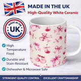 Personalized Custom Name Watercolor Pink Cherry Ribbon Bow Seamless Pattern Soft Neutral 11oz Ceramic Coffee Tea Mug White Large Handle