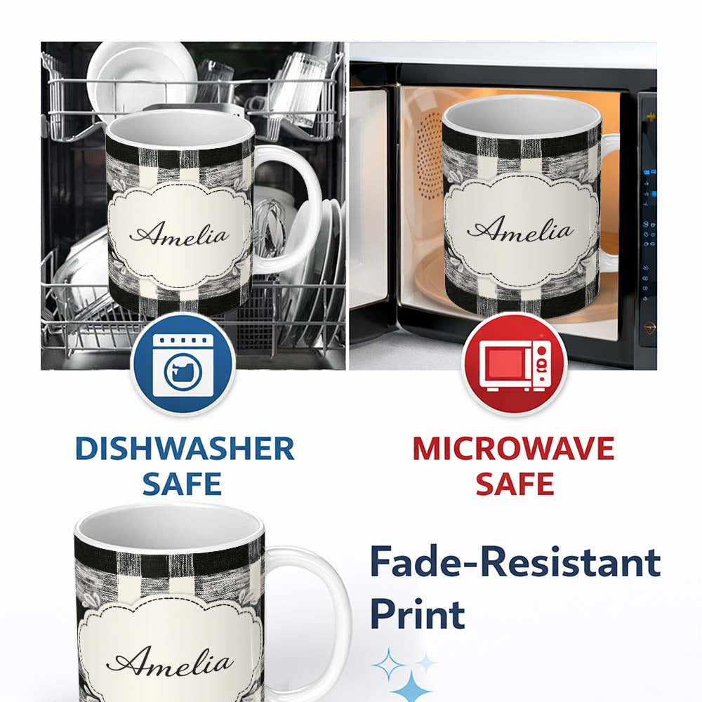 Personalized Custom Name Textured Brush Check Black Cream Abstract Grid Pattern Lovely 11oz Ceramic Coffee Tea Mug White Large Handle