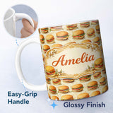 Personalized Custom Name Vintage Burger Illustration Seamless Pattern Fast Food Snack Design 11oz Ceramic Coffee Tea Mug White Large Handle