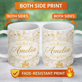 Personalized Custom Name Gold Vein Marble White Stone Seamless Pattern Elegant Texture Lovely 11oz Ceramic Coffee Tea Mug White Large Handle