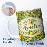 Personalized Custom Name Realistic Lemon Tree Branch Pattern with Ripe Fruit and Foliage 11oz Ceramic Coffee Tea Mug White Large Handle