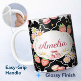 Personalized Custom Name Strawberry Cherry Daisy White Minimal Cute Coquette Floral Design 11oz Ceramic Coffee Tea Mug White Large Handle