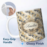 Personalized Custom Name Deep Blue Masquerade Pattern with Red and Gold Decorative Masks 11oz Ceramic Coffee Tea Mug White Large Handle