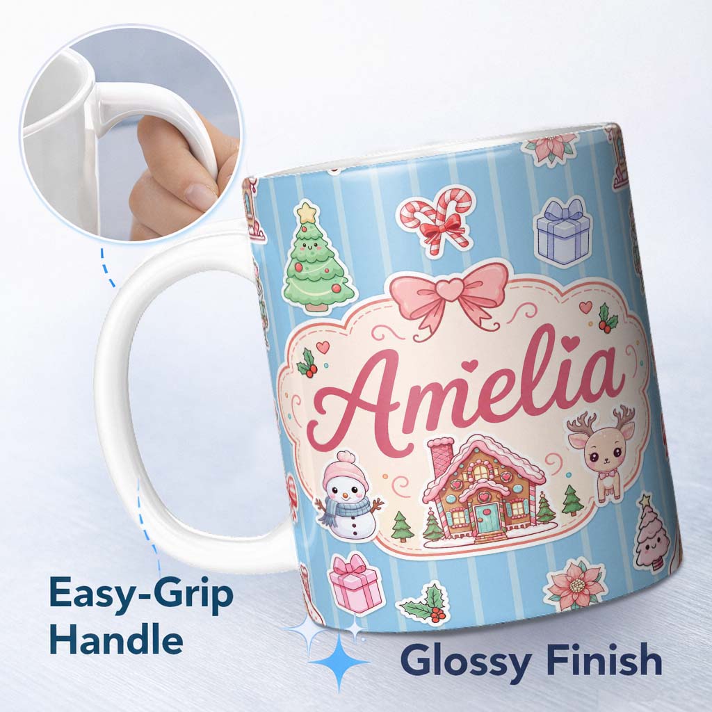 Personalized Custom Name Cute Christmas Festive Stickers Gingerbread House Tree Blue Stripe 11oz Ceramic Coffee Tea Mug White Large Handle