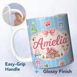 Personalized Custom Name Cute Christmas Festive Stickers Gingerbread House Tree Blue Stripe 11oz Ceramic Coffee Tea Mug White Large Handle