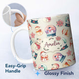 Personalized Custom Name Cute Snowman Snow Globe Poinsettia Flower Christmas Pattern Cream 11oz Ceramic Coffee Tea Mug White Large Handle