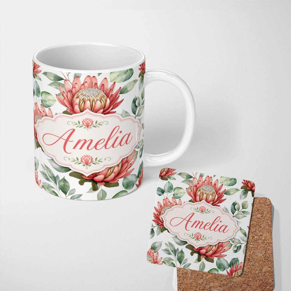 Personalized Custom Name Coral Protea Flowers on Light Grey Background Seamless Botanical 11oz Ceramic Coffee Tea Mug White Large Handle