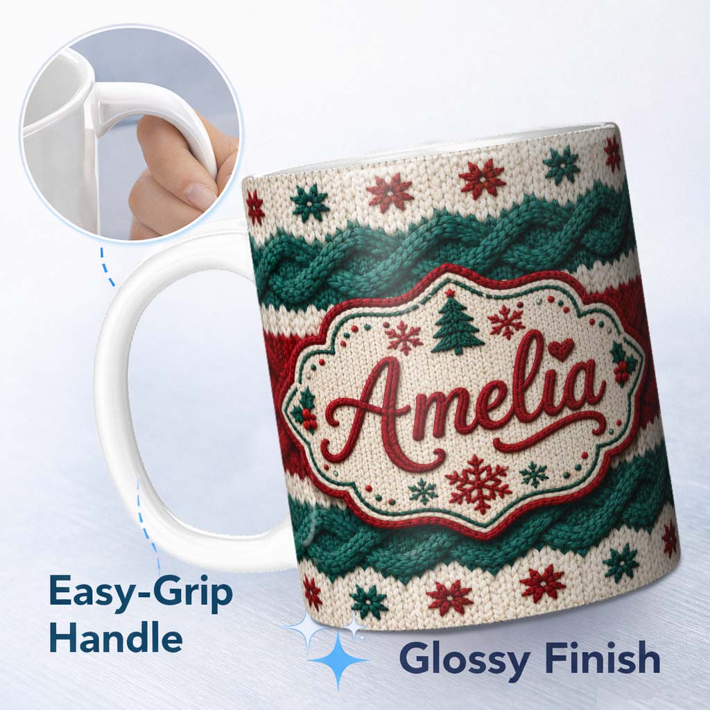 Personalized Custom Name Cute Festive Knitted Texture Red Green White Cozy Seamless Pattern 11oz Ceramic Coffee Tea Mug White Large Handle