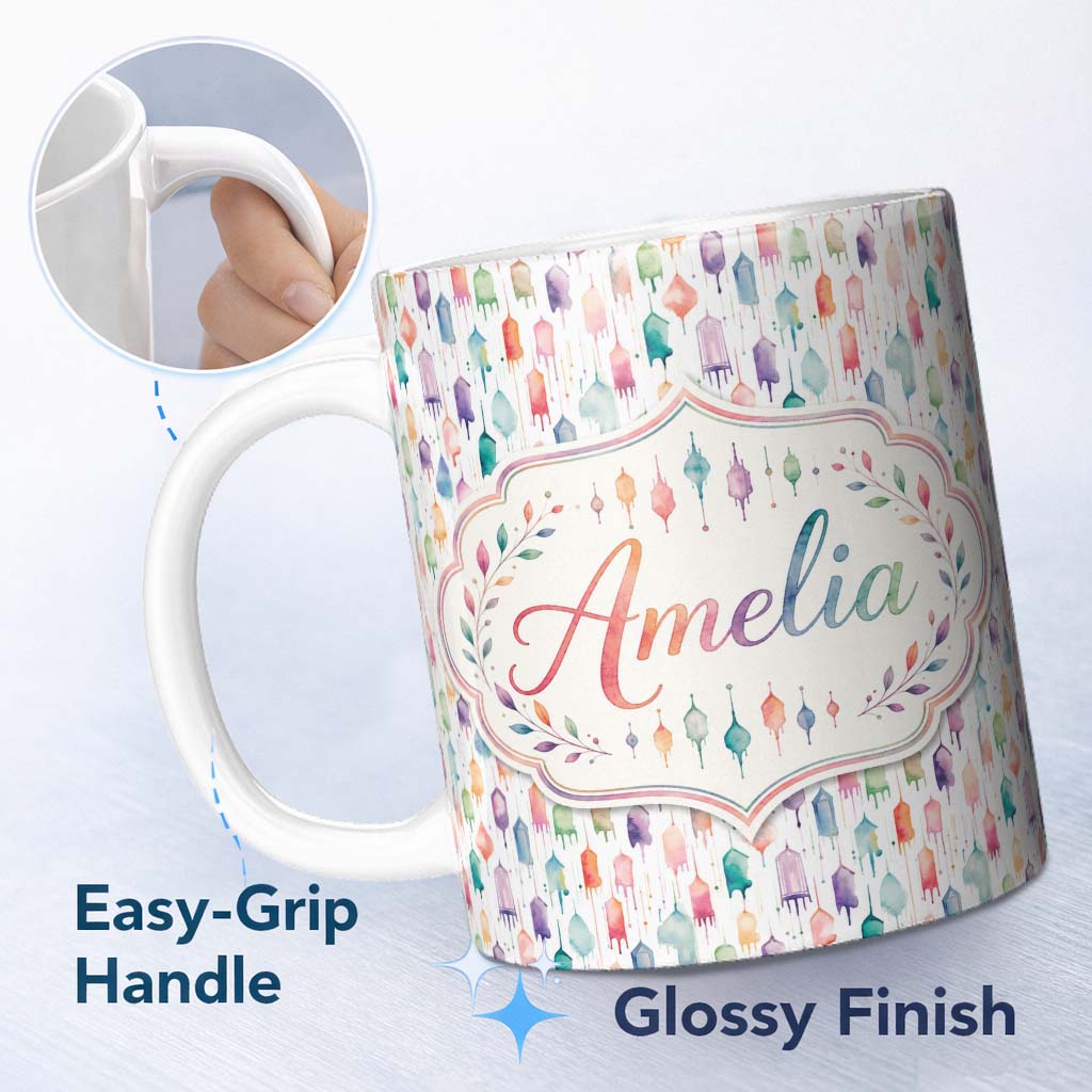 Personalized Custom Name Pastel Watercolor Hanging Lantern Shapes Seamless Pattern Lovely 11oz Ceramic Coffee Tea Mug White Large Handle