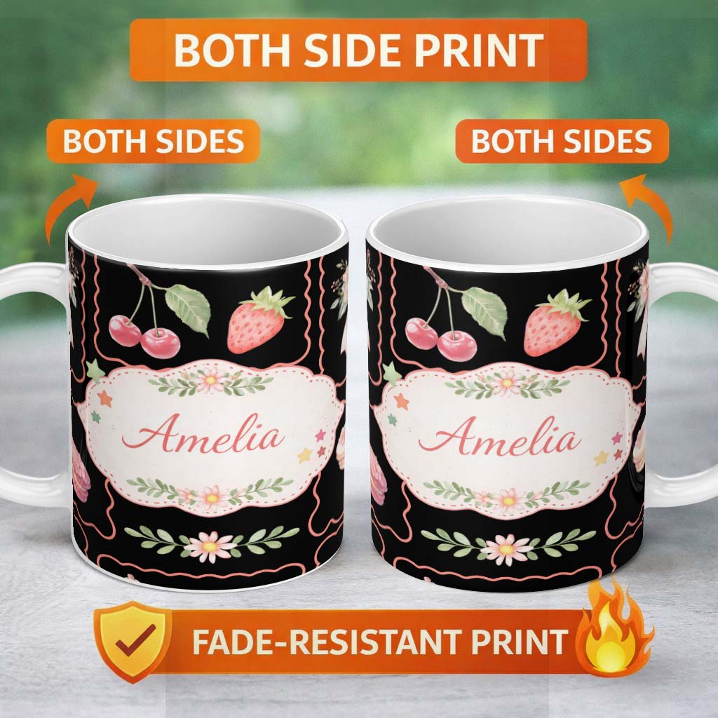 Personalized Custom Name Strawberry Cherry Bow Seamless Pattern Pink Cute Coquette Design 11oz Ceramic Coffee Tea Mug White Large Handle
