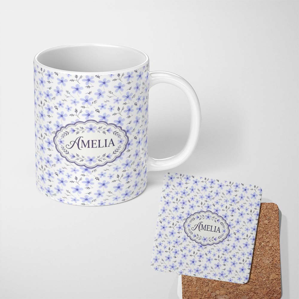 Personalized Custom Name Delicate Light Blue Floral Ditsy Seamless Pattern Cute Unique Gift 11oz Ceramic Coffee Tea Mug White Large Handle