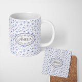 Personalized Custom Name Delicate Light Blue Floral Ditsy Seamless Pattern Cute Unique Gift 11oz Ceramic Coffee Tea Mug White Large Handle