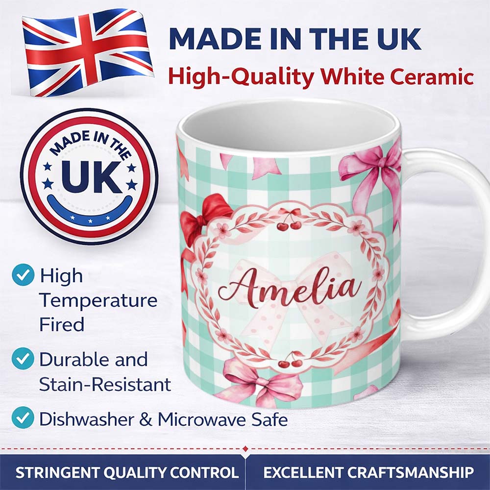 Personalized Custom Name Watercolor Red and Pink Ribbon Bows Mint Gingham Check Background 11oz Ceramic Coffee Tea Mug White Large Handle