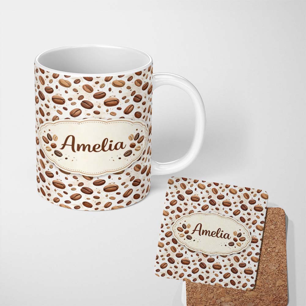Personalized Custom Name Rustic Coffee Beans Grunge Background Seamless Pattern Lovely 11oz Ceramic Coffee Tea Mug White Large Handle