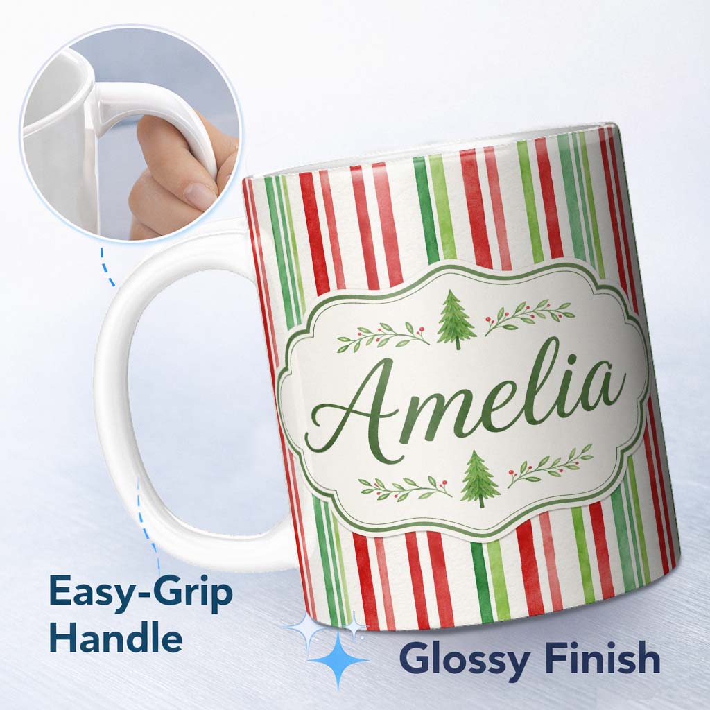 Personalized Custom Name Watercolor Vertical Red and Green Stripe Pattern Classic Lovely 11oz Ceramic Coffee Tea Mug White Large Handle