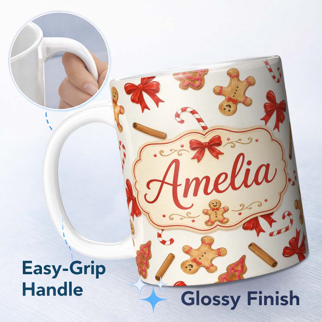Personalized Custom Name Gingerbread Cookies Candy Cane Red Bow Sweet Seamless Pattern Lovely 11oz Ceramic Coffee Tea Mug White Large Handle