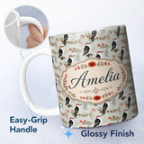 Personalized Custom Name Classic Black White Woodpecker with Berry Branch Seamless Pattern 11oz Ceramic Coffee Tea Mug White Large Handle