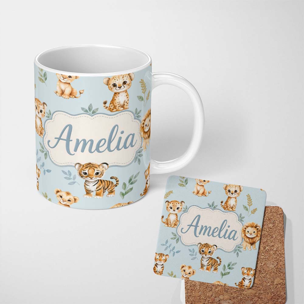 Personalized Custom Name Cute Baby Jungle Animals with Leaves on Soft Blue Background Lovely 11oz Ceramic Coffee Tea Mug White Large Handle