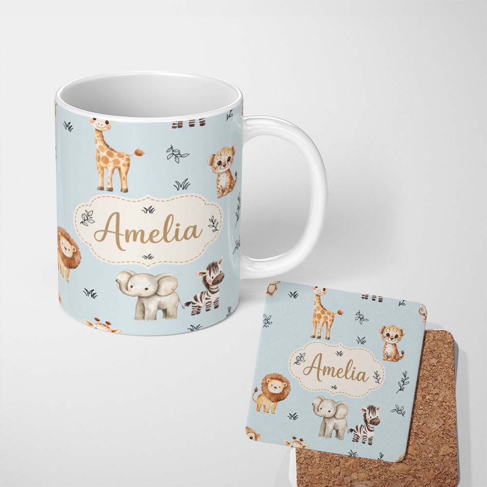 Personalized Custom Name Safari Animals with Elephant Lion and Leopard Cub on Soft Blue 11oz Ceramic Coffee Tea Mug White Large Handle