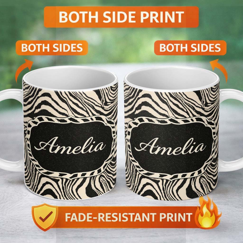 Personalized Custom Name Layered Contour Waves Black Cream Topographic Abstract Pattern 11oz Ceramic Coffee Tea Mug White Large Handle