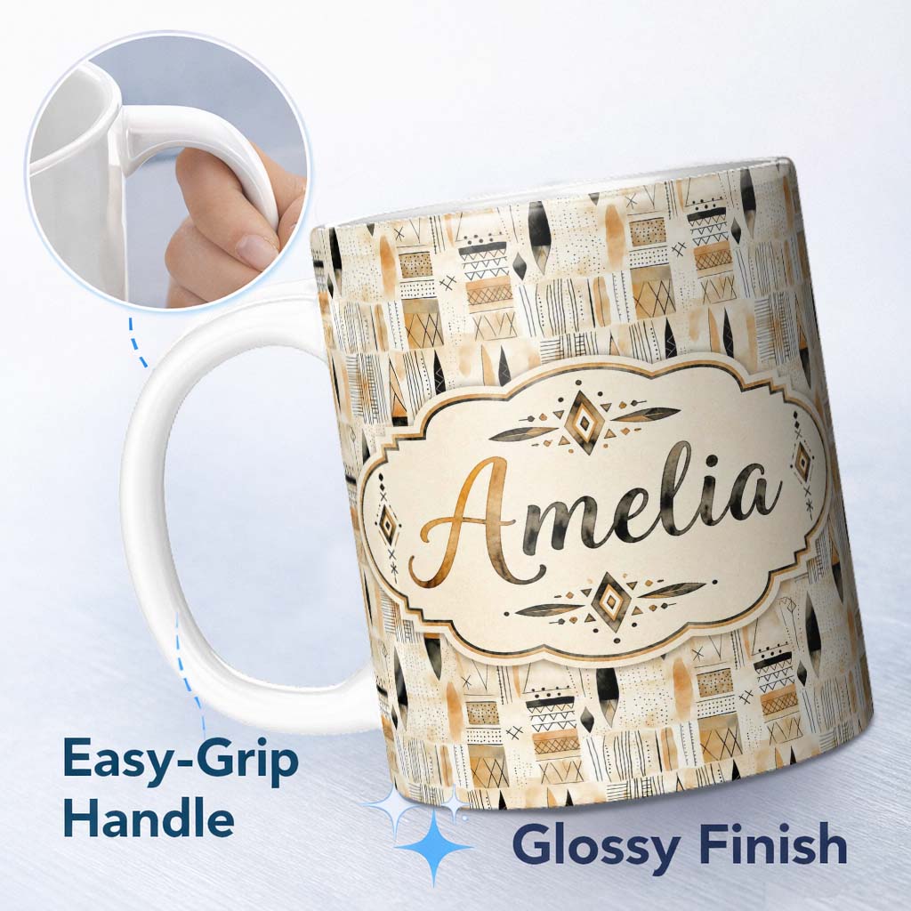 Personalized Custom Name Neutral Tribal Geometric Shapes Earth Tone Watercolor Seamless 11oz Ceramic Coffee Tea Mug White Large Handle
