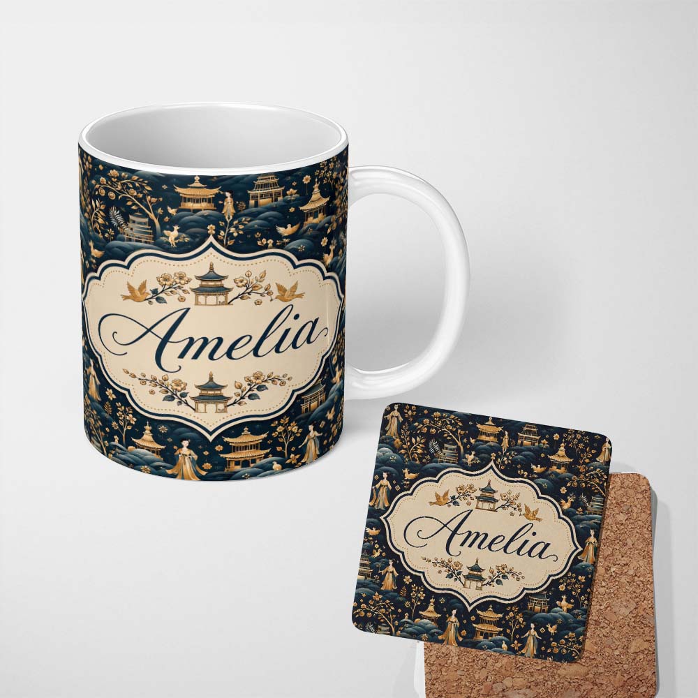 Personalized Custom Name Elegant Asian Garden with Pagodas and Figures Seamless Pattern 11oz Ceramic Coffee Tea Mug White Large Handle