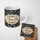 Personalized Custom Name Elegant Asian Garden with Pagodas and Figures Seamless Pattern 11oz Ceramic Coffee Tea Mug White Large Handle