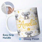 Personalized Custom Name Cute Koala Bears with Stars White Background Seamless Pattern Lovely 11oz Ceramic Coffee Tea Mug White Large Handle