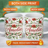 Personalized Custom Name Watercolor Poinsettia Flowers Holly Leave Red Berries Seamless 11oz Ceramic Coffee Tea Mug White Large Handle