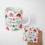 Personalized Custom Name Watercolor Christmas Baubles Ornaments Festive Seamless Pattern 11oz Ceramic Coffee Tea Mug White Large Handle