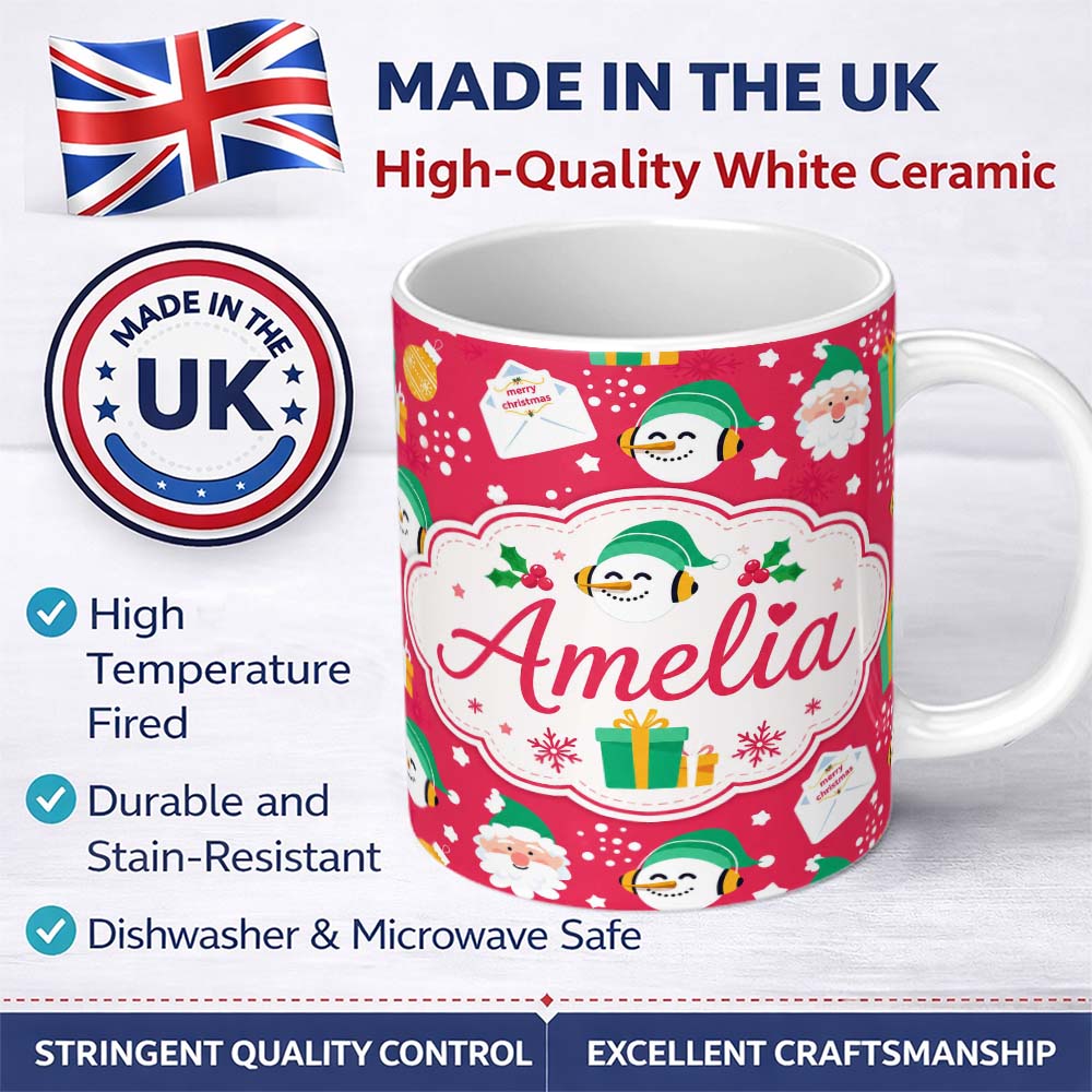 Personalized Custom Name Cute Santa Snowman Letter Gift Seamless Pattern Thoughtful Gift Idea 11oz Ceramic Coffee Tea Mug White Large Handle