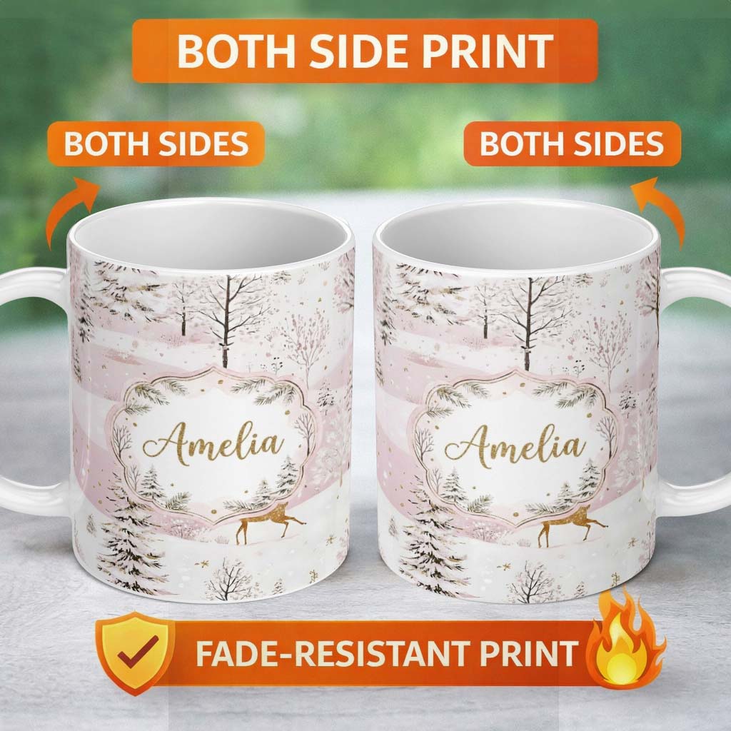 Personalized Custom Name Winter Wonderland Deer Snowy Forest Pink Seamless Pattern Lovely 11oz Ceramic Coffee Tea Mug White Large Handle