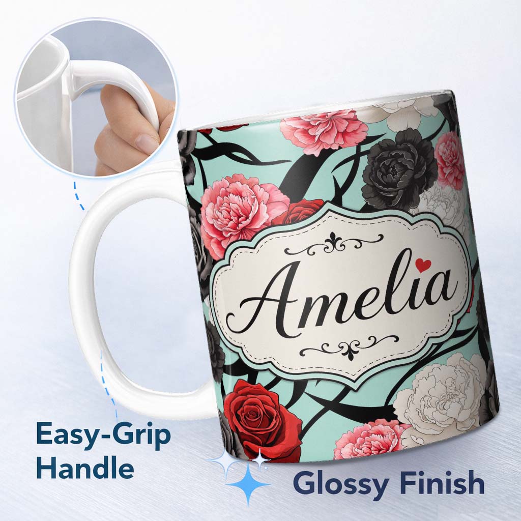 Personalized Custom Name Elegant Rose Floral with Black Red and White Flowers on Teal Lovely 11oz Ceramic Coffee Tea Mug White Large Handle