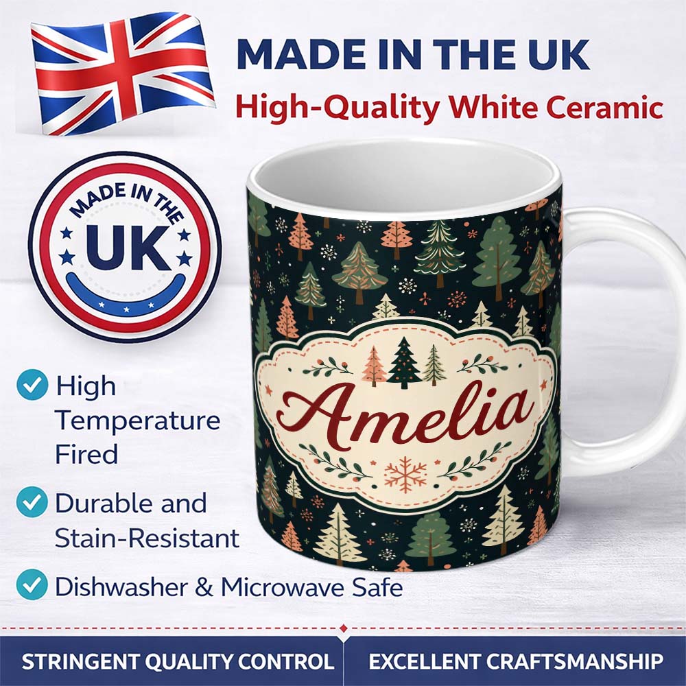 Personalized Custom Name Scandi Forest Christmas Trees Pastel Green Pink Snowflakes Seamless 11oz Ceramic Coffee Tea Mug White Large Handle