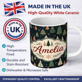 Personalized Custom Name Scandi Forest Christmas Trees Pastel Green Pink Snowflakes Seamless 11oz Ceramic Coffee Tea Mug White Large Handle