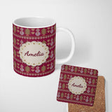 Personalized Custom Name Cute Snowman Christmas Tree Knit Pattern Burgundy Green White Lovely 11oz Ceramic Coffee Tea Mug White Large Handle