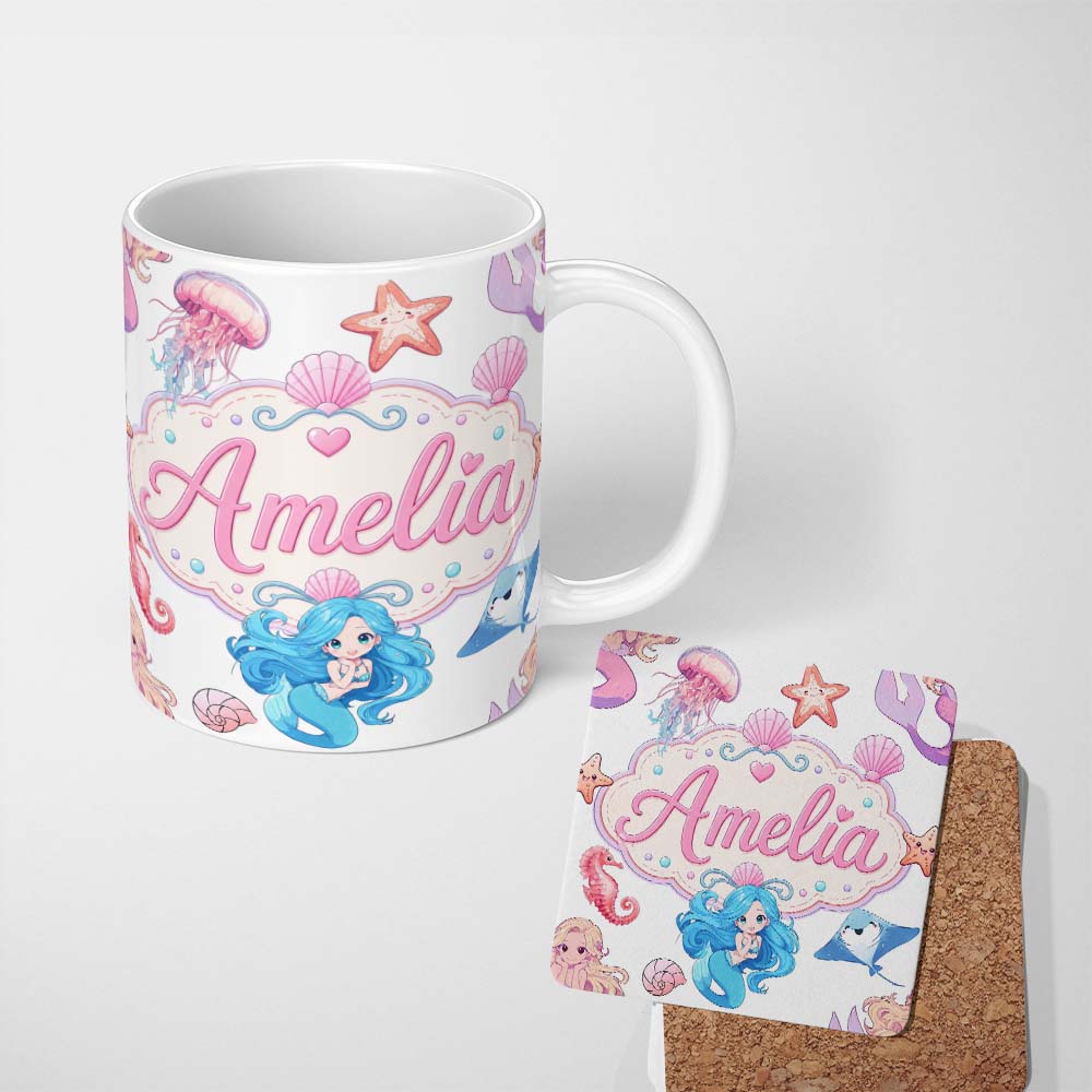 Personalized Custom Name Cute Blue Mermaid Jellyfish Seahorse and Ocean Creatures Light Grey 11oz Ceramic Coffee Tea Mug White Large Handle