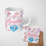 Personalized Custom Name Cute Blue Mermaid Jellyfish Seahorse and Ocean Creatures Light Grey 11oz Ceramic Coffee Tea Mug White Large Handle
