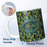 Personalized Custom Name Bold Painterly Tropical Palm Leaves in Teal and Mustard Artistic 11oz Ceramic Coffee Tea Mug White Large Handle