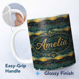 Personalized Custom Name Impressionist Landscape with Rolling Hills and Sunset in Deep Blue 11oz Ceramic Coffee Tea Mug White Large Handle