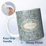 Personalized Custom Name Botanical Branches with Red Berries and Leaves Seamless Pattern 11oz Ceramic Coffee Tea Mug White Large Handle