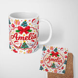 Personalized Custom Name Cute Christmas Tree Snowman Gift Box Ornament Seamless Pattern 11oz Ceramic Coffee Tea Mug White Large Handle