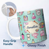 Personalized Custom Name Cute Kawaii Graduate Boy Science Art Supplies Seamless Pattern Mint 11oz Ceramic Coffee Tea Mug White Large Handle