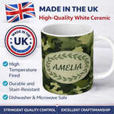 Personalized Custom Name Rich Woodland Green Camouflage Seamless Pattern Beautiful Coffee Cup 11oz Ceramic Coffee Tea Mug White Large Handle