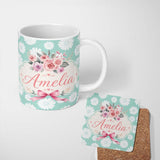 Personalized Custom Name White Daisy Floral Pattern on Mint Green Background Seamless Pattern 11oz Ceramic Coffee Tea Mug White Large Handle